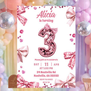 Invitación Cumpleaños de niña de tres lazos de lentejuelas ro