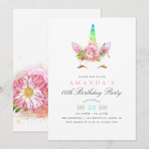 Invitación Cumpleaños de niña de unicornio de arcoíris floral