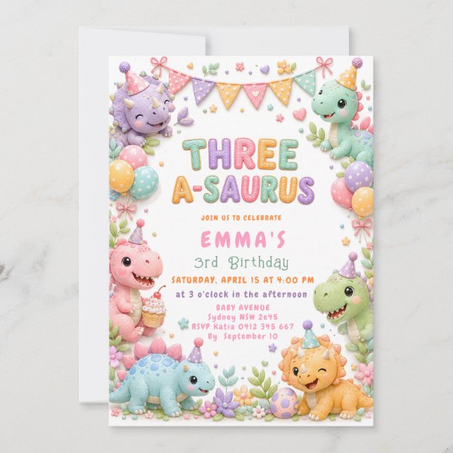 Invitación Cumpleaños de niña del dinosaurio Three-A-Saurus 3 (Anverso)