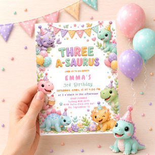 Invitación Cumpleaños de niña del dinosaurio Three-A-Saurus 3