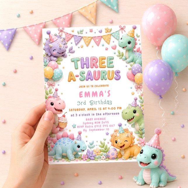 Invitación Cumpleaños de niña del dinosaurio Three-A-Saurus 3 (Subido por el creador)