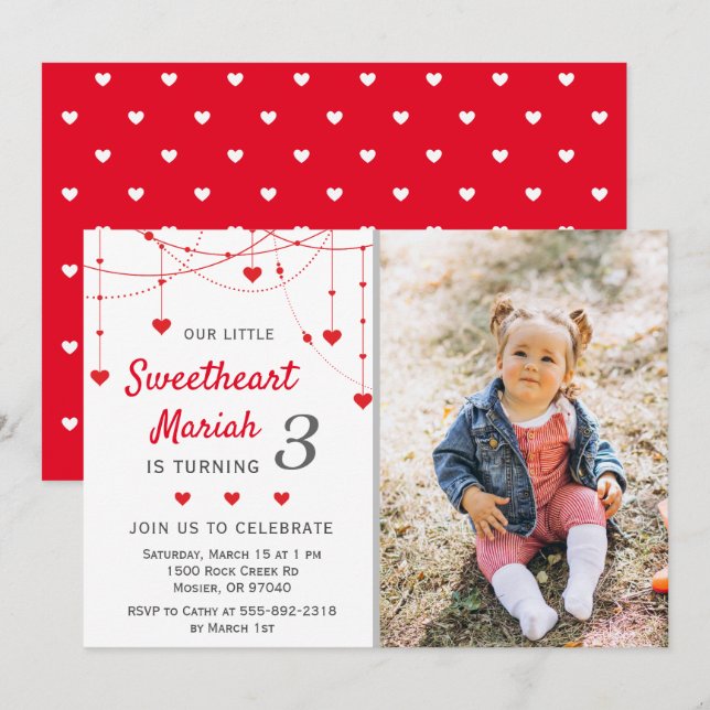 Invitación Cumpleaños de niña, Día de San Valentín, Foto de f (Anverso / Reverso)
