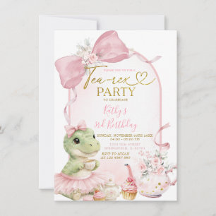 Invitación Cumpleaños de niña dinosaurio Coquette Rosa Tea-Re