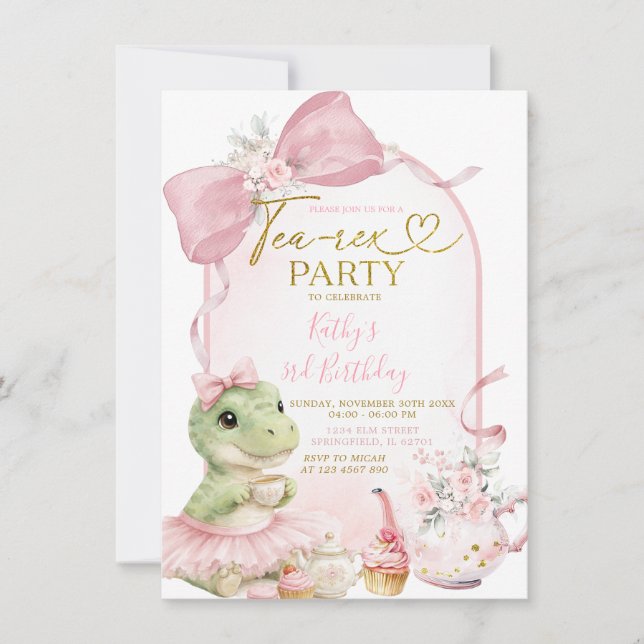 Invitación Cumpleaños de niña dinosaurio Coquette Rosa Tea-Re (Anverso)