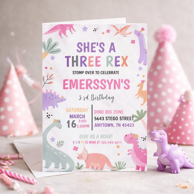 Invitación Cumpleaños de niña dinosaurio lindo 3er cumpleaños (Subido por el creador)