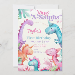 Invitación Cumpleaños de niña dinosaurio púrpura One-A-Saurus