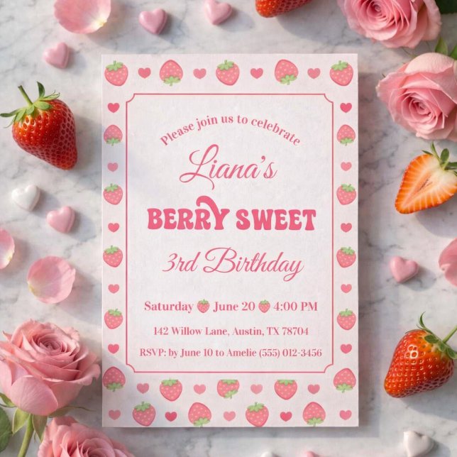 Invitación Cumpleaños de niña dulce de fresa tercer cumpleaño (Subido por el creador)