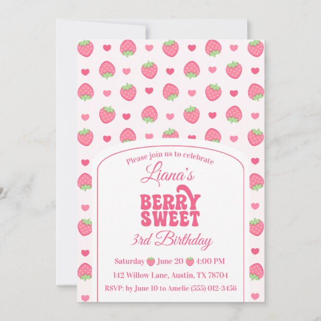 Invitación Cumpleaños de niña dulce y rosa de fresa 3 (Anverso)