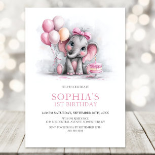 Invitación Cumpleaños de niña elefante con globos