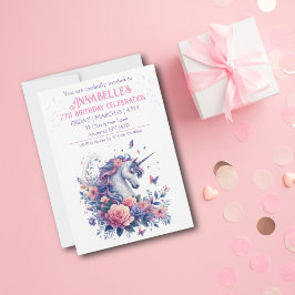 Invitación Cumpleaños de niña elegante unicornio rosa morado 