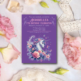 Invitación Cumpleaños de niña elegante unicornio rosa morado 