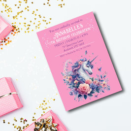 Invitación Cumpleaños de niña elegante unicornio rosa morado 