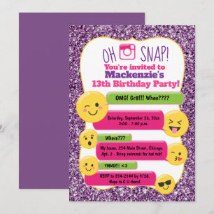 Invitación Cumpleaños de niña Emojis Purpura Brillante
