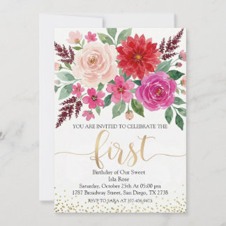 Invitación Cumpleaños de niña en acuarela con brillo dorado f