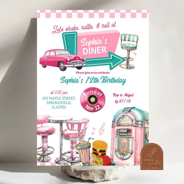 Invitación Cumpleaños de niña en diner retro rosa (Subido por el creador)