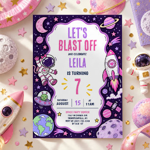 Invitación Cumpleaños de niña en el espacio exterior rosa y m