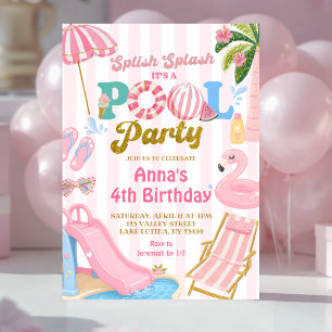 Invitación Cumpleaños de niña en fiesta en la piscina con fra