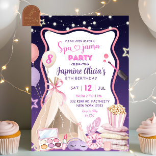Invitación Cumpleaños de niña en pijama de spa rosa púrpura