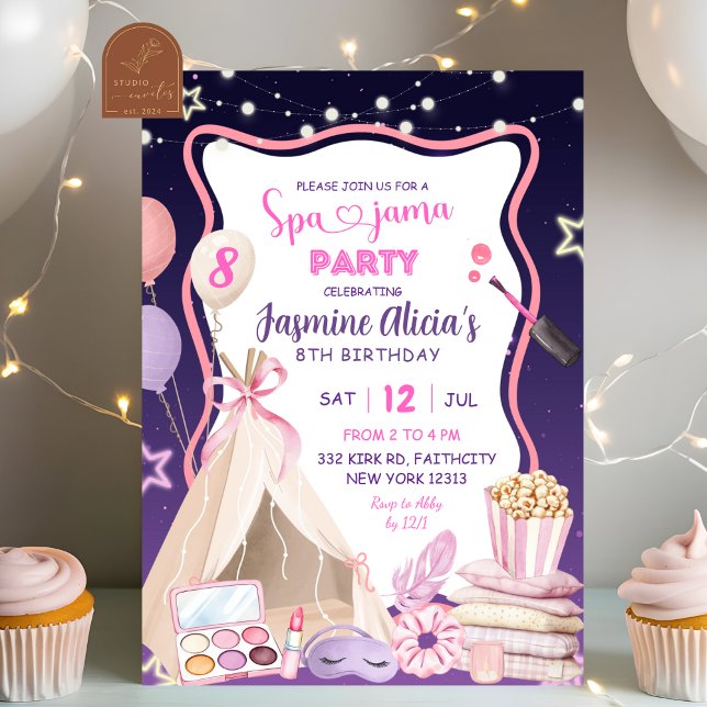 Invitación Cumpleaños de niña en pijama de spa rosa púrpura (Subido por el creador)