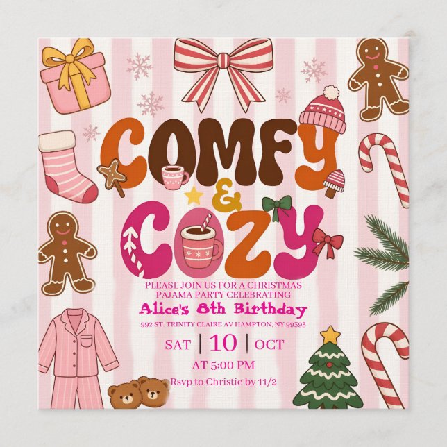 Invitación Cumpleaños de niña en pijama en fiesta de Navidad  (Anverso)