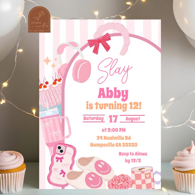 Invitación Cumpleaños de niña estética con rayas Slay Tween (Subido por el creador)