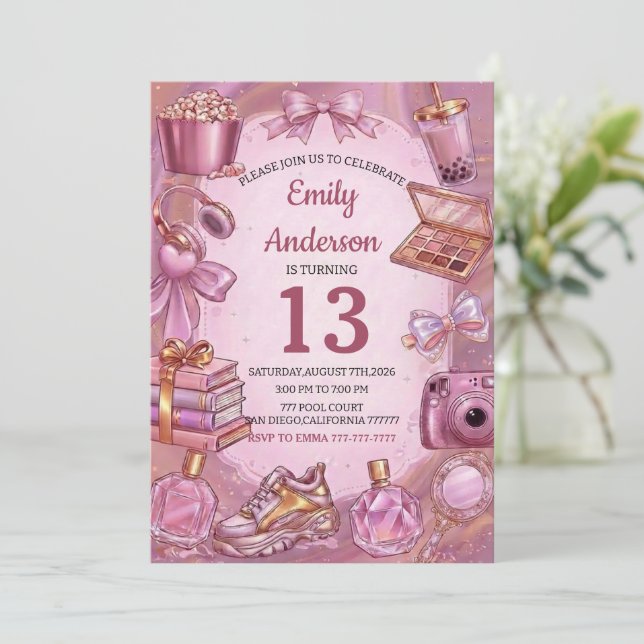 Invitación Cumpleaños de niña estética rosa (Anverso de pie)