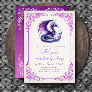 Invitación Cumpleaños de niña fantasia dragón morado rosa