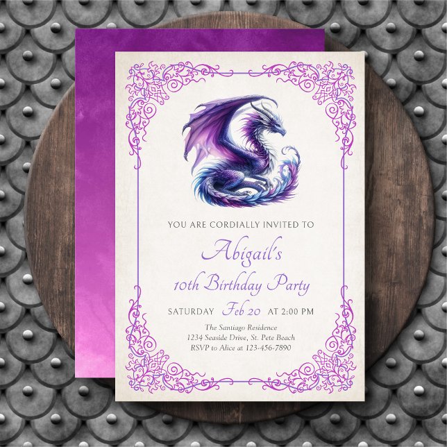 Invitación Cumpleaños de niña fantasia dragón morado rosa (Subido por el creador)