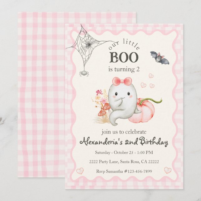 Invitación Cumpleaños de niña fantasma linda en rosa (Anverso / Reverso)