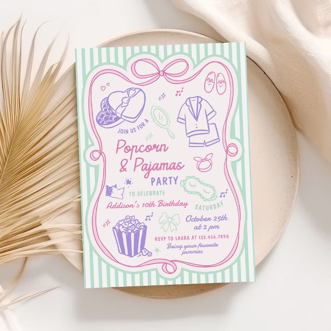 Invitación Cumpleaños de niña fiesta de pijamas de palomitas  (Subido por el creador)