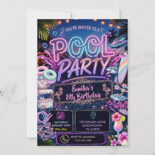 Invitación Cumpleaños de niña fiesta de piscina neón respland