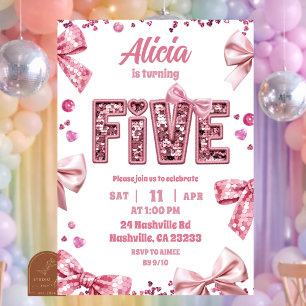 Invitación Cumpleaños de niña FIVE con lazo rosa lentejuelas