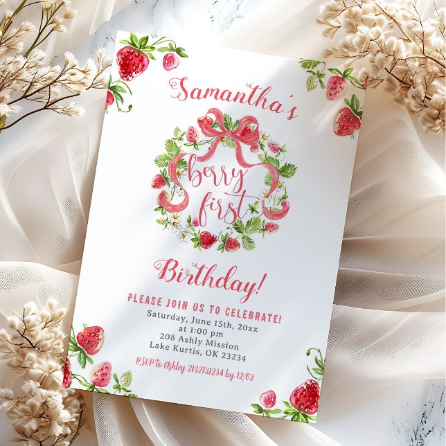 Invitación Cumpleaños de niña fresa rosa primero (Subido por el creador)