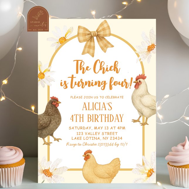 Invitación Cumpleaños de niña gallina coqueta floral boho (Subido por el creador)