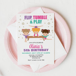 Invitación Cumpleaños de niña gimnasia rosa púrpura turquesa