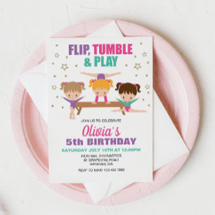 Invitación Cumpleaños de niña gimnasia rosa púrpura turquesa