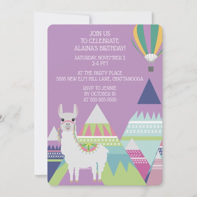 Invitación Cumpleaños de niña globo aerostático de alpaca mor (Anverso)