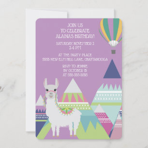 Invitación Cumpleaños de niña globo aerostático de alpaca mor