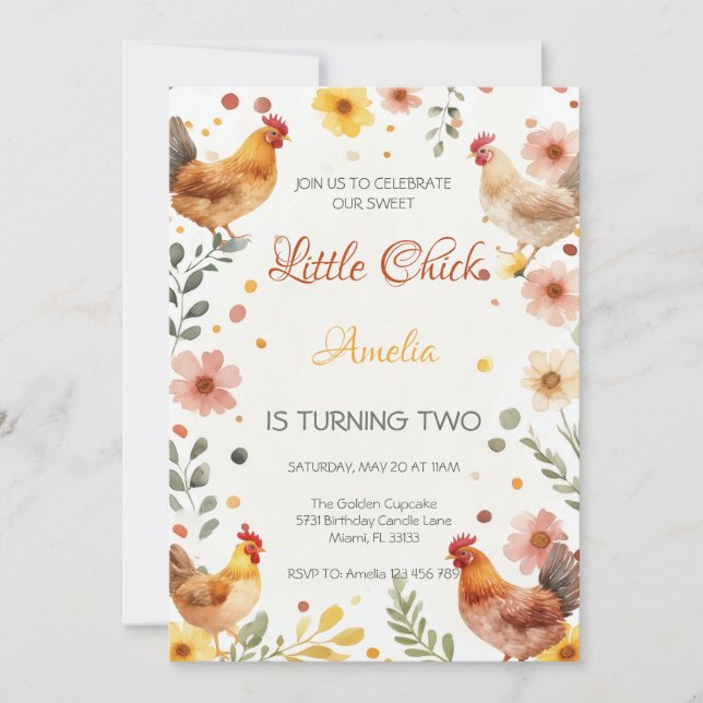 Invitación Cumpleaños de niña granja de pollo acuarela rústic (Anverso)