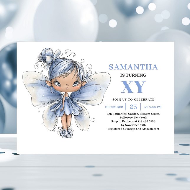 Invitación Cumpleaños de niña hada azul adorable mágico paste (Cute Blue Fairy Girl Birthday Magical Pastel invitation)