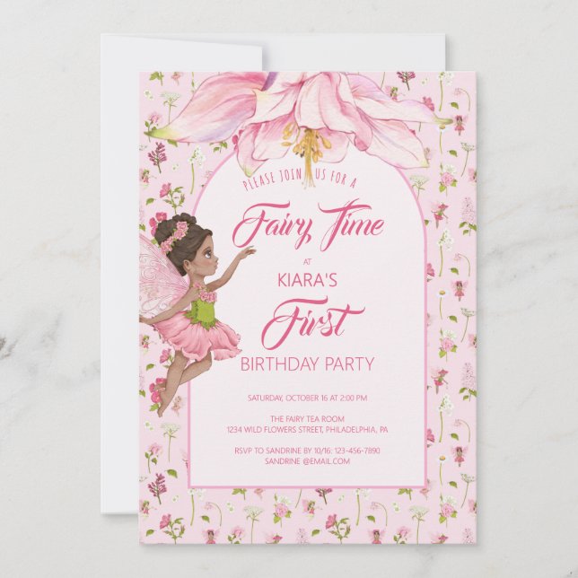 Invitación Cumpleaños de niña hada de flores acuarela (Anverso)