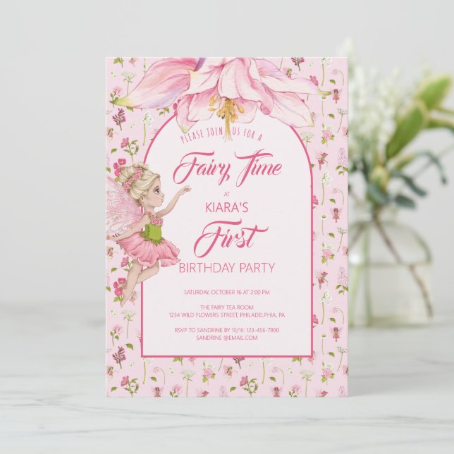 Invitación Cumpleaños de niña hada de flores acuarela (Anverso de pie)