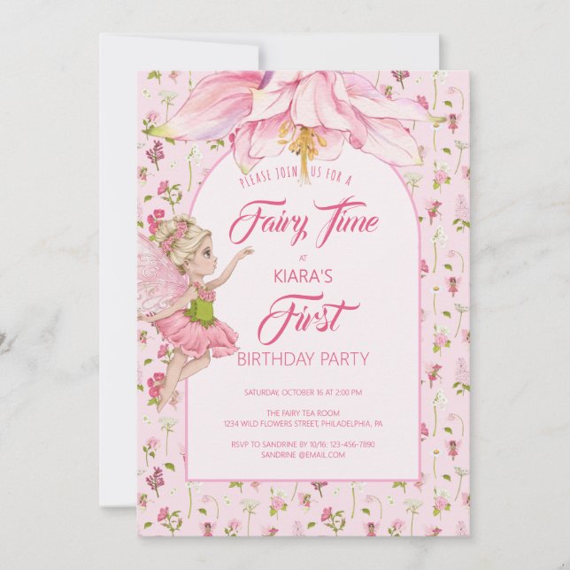 Invitación Cumpleaños de niña hada de flores acuarela (Anverso)