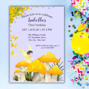 Invitación Cumpleaños de niña hada hongo amarillo mariposa