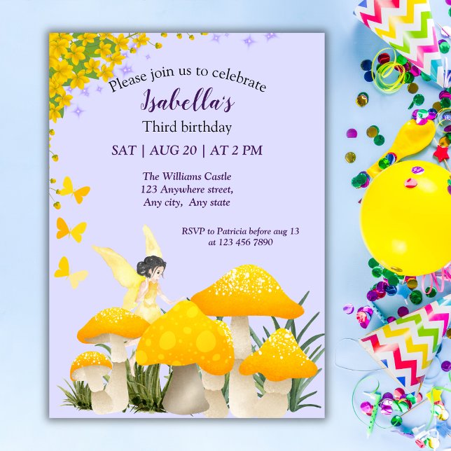 Invitación Cumpleaños de niña hada hongo amarillo mariposa (Subido por el creador)