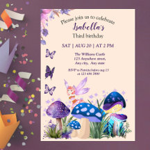 Cumpleaños de niña hada hongo mariposa púrpura