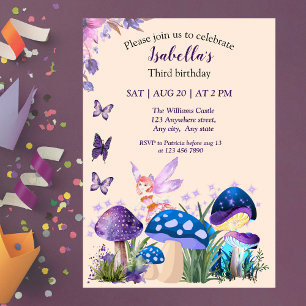 Invitación Cumpleaños de niña hada hongo mariposa púrpura