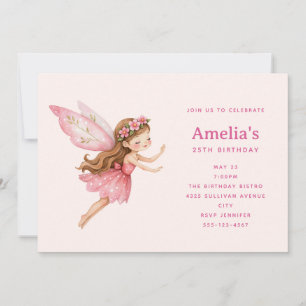 Invitación Cumpleaños de niña hada linda con vestido rosa