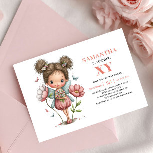 Invitación Cumpleaños de niña hada linda mágico floral rosa
