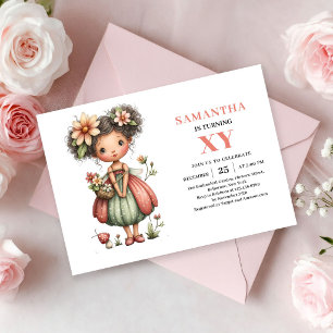 Invitación Cumpleaños de niña hada mágica floral rubor rosa